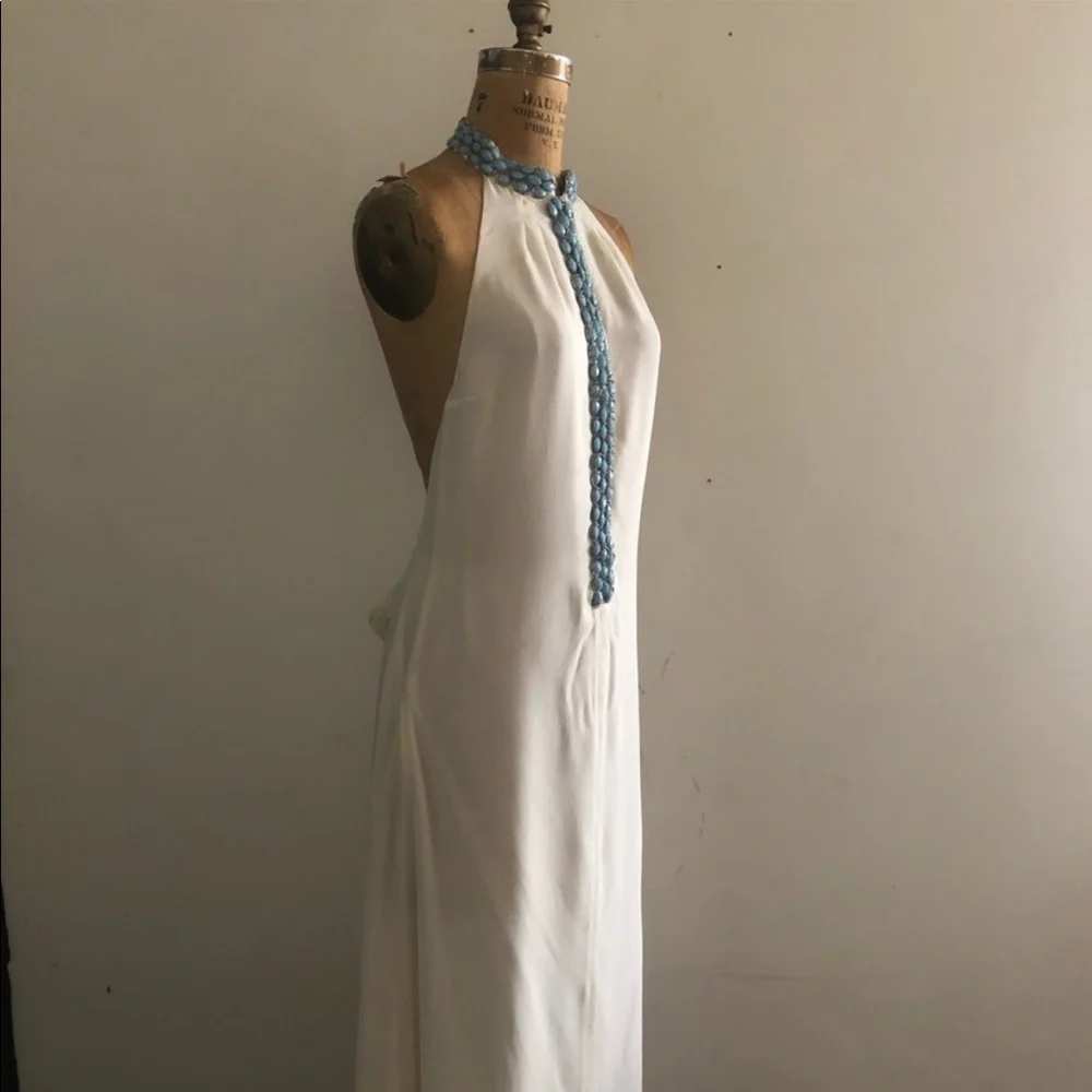 J.DOSI]Turquoise Embellishment Cream Silk Crepe Halter neck Backless Dress - Picture 10 of 16
